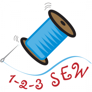 1-2-3 Sew logo - spool of thread with needle and lettering