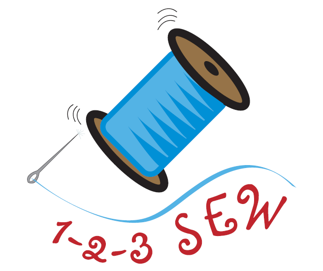 1-2-3 Sew logo - spool of thread with needle and lettering